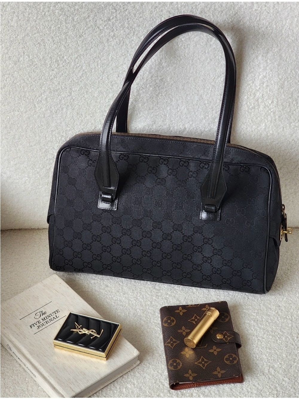 Rare Vintage Gucci GG Monogram Black Canvas Leather Top Handle East West Bag